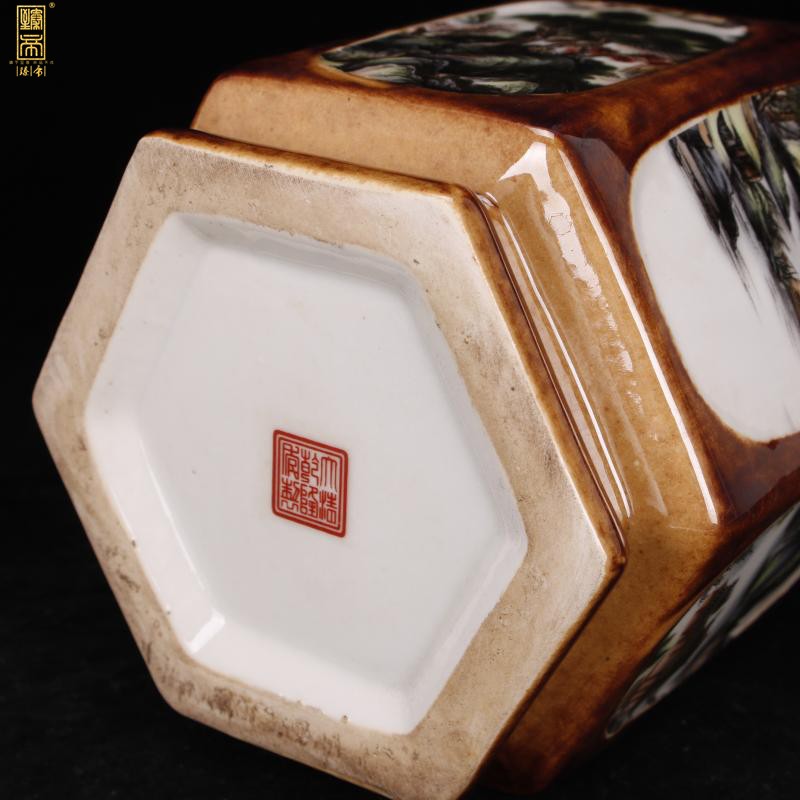 Jingdezhen copy end of qianlong style antique vintage boutique landscape the six - party brush pot "four desk place, Chinese style restoring ancient ways