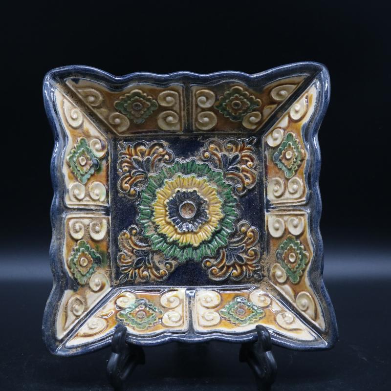 High imitation tang tang sancai pottery unearthed carved four square plate ancient porcelain antique dong character collection furnishing articles