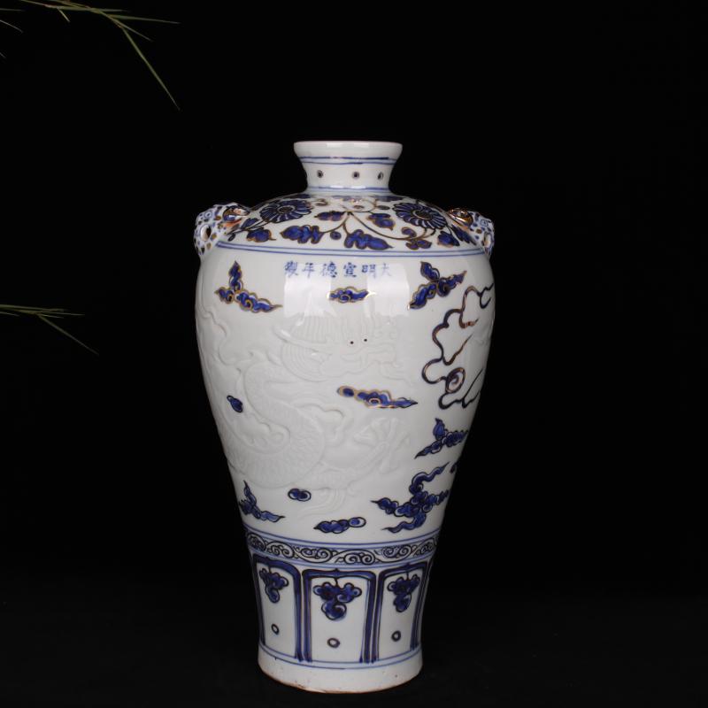 Jingdezhen imitation Ming xuande with hand - made paint shadow blue glaze carving vases, new Chinese style living room boutique soft furnishing articles