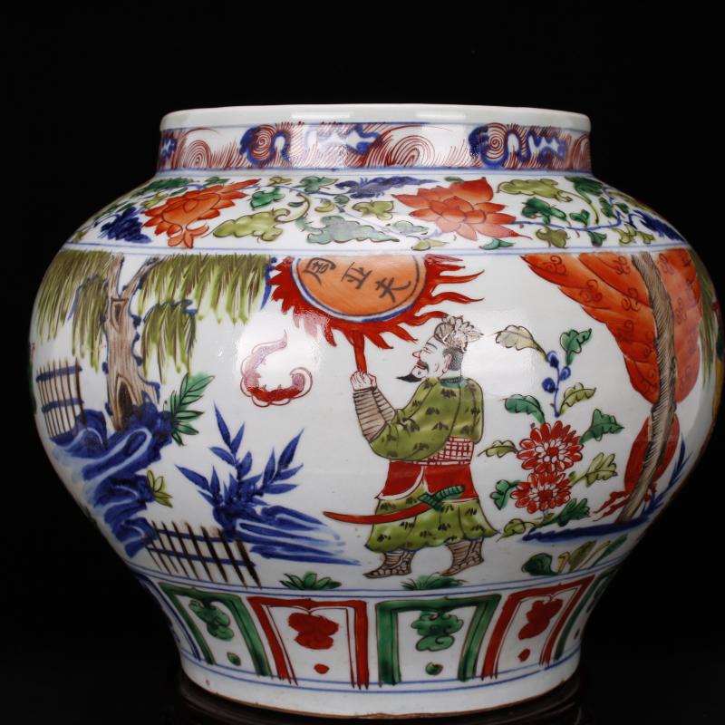 Jingdezhen antique reproduction antique pure checking bucket color colorful Samson chow old story of the big pot after furnishing articles