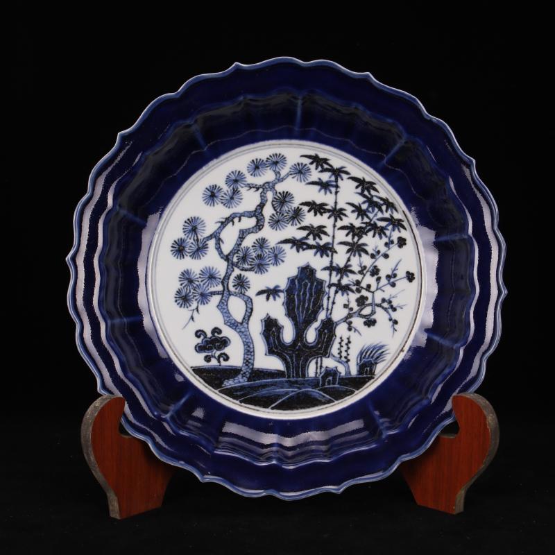 Jingdezhen imitation Ming yongle antique antique old goods furnishing articles reward of zheng he 's blue and white plate of Chinese style restoring ancient ways of handicraft