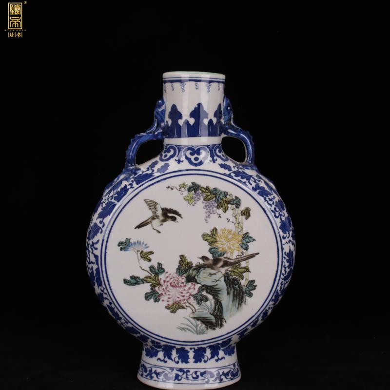 Jingdezhen imitation yongzheng bucket color of flowers and birds on flat bottles of Chinese style household table counter imitation antique decorative vase furnishing articles