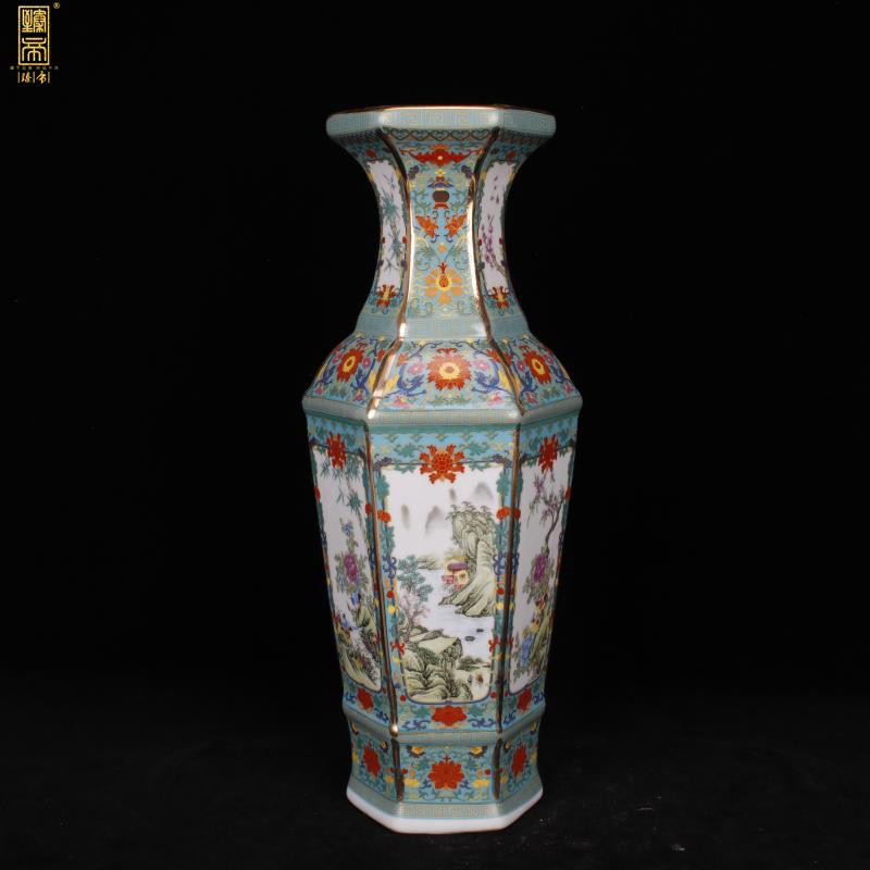 Jingdezhen six - party colored enamel vase imitation qianlong paint painting of flowers and new Chinese style living room decoration antique antique furnishing articles