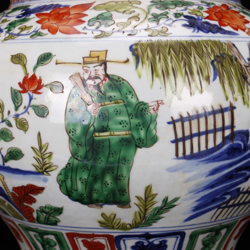 Jingdezhen antique reproduction antique pure checking bucket color colorful Samson chow old story of the big pot after furnishing articles