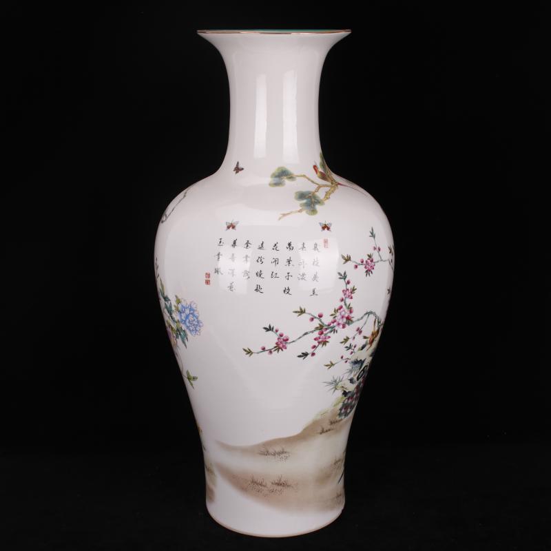 Jingdezhen big vase pastel prosperous peacock goddess of mercy bottle sitting room of Chinese style household decoration shop furnishing articles company