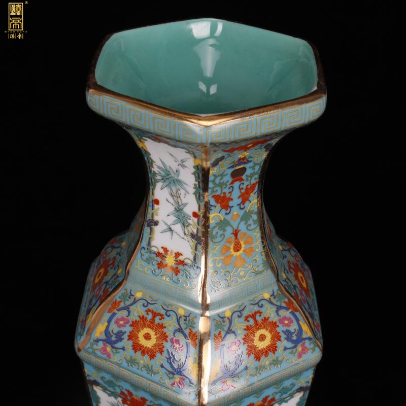 Jingdezhen six - party colored enamel vase imitation qianlong paint painting of flowers and new Chinese style living room decoration antique antique furnishing articles