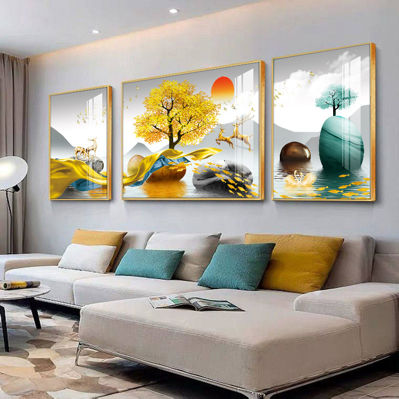 Light luxury living room decoration painting modern simple sofa background wall wall painting elk fortune atmospheric Crystal porcelain triplet painting