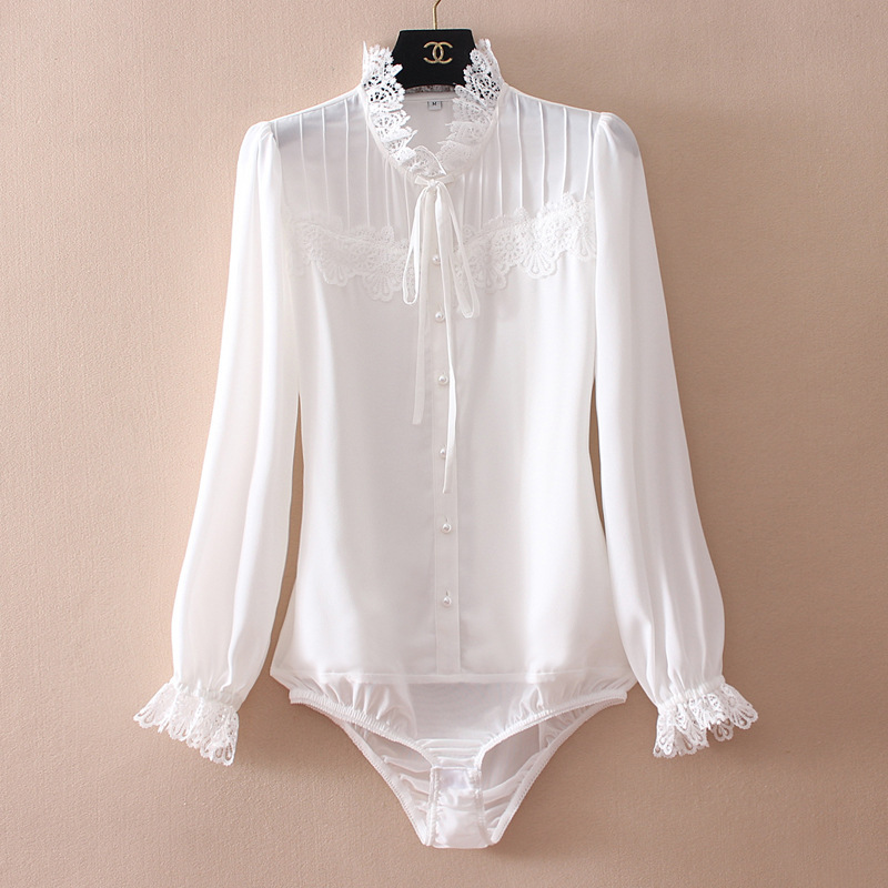 Lace Ruffle Edges, Elegant and Stylish, French Fashion Puff Sleeve Chiffon Shirt, White One-Piece Blouse with Integrated Bottoms for Women