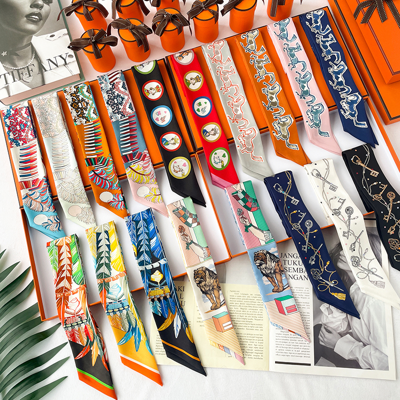 Twill Long Scarf, Small Neck Scarf, Neck Tie, 100% Silk Double-Sided Narrow Decorative Ribbon H