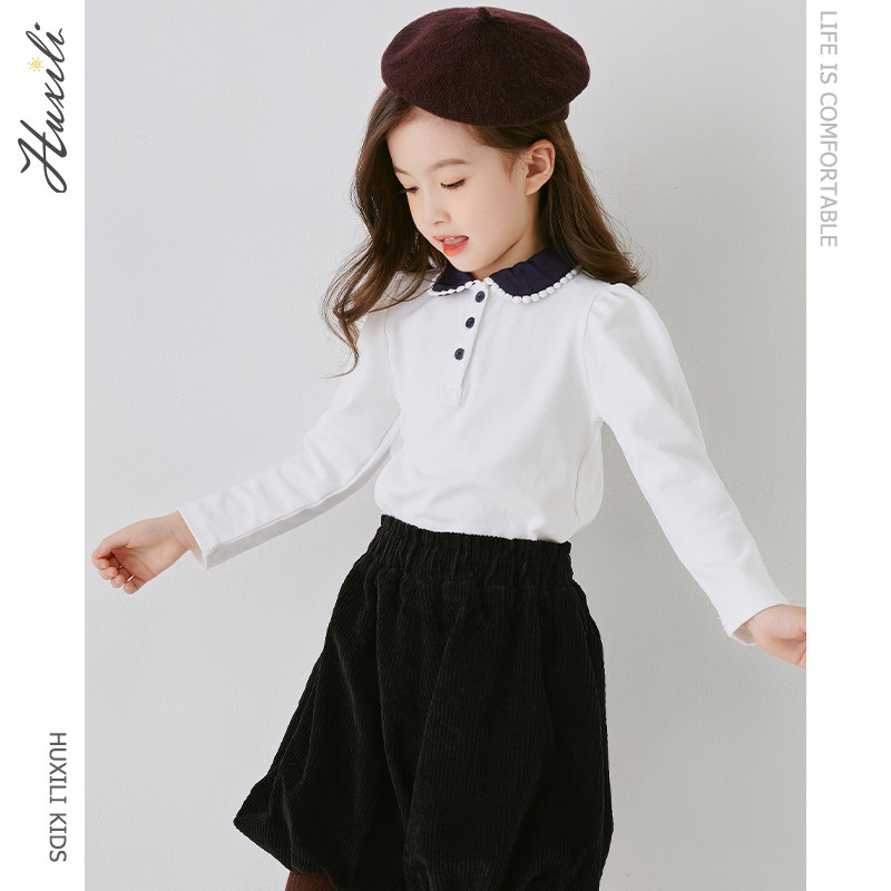 2022 spring new girls' long-sleeved T-shirt spring and autumn lapel children's doll collar Western style white bottoming shirt top
