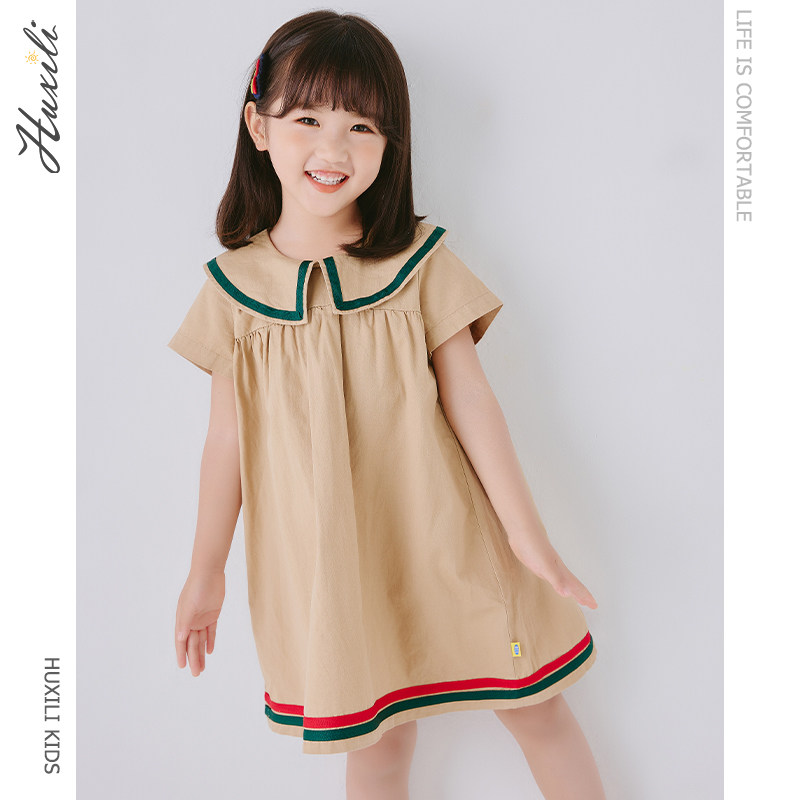 Children's clothing girls short-sleeved dress summer middle-aged boy navy style large lapel cotton contrast color wild college style skirt