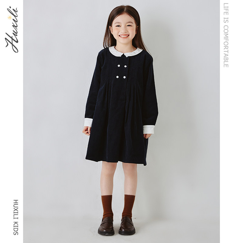 2022 Spring Dress Girl Child Pure Cotton Crash Color Retro Turvy SPRING AUTUMN LONG SLEEVE SKIRT LIGHT CORE SUEDE DRESS
