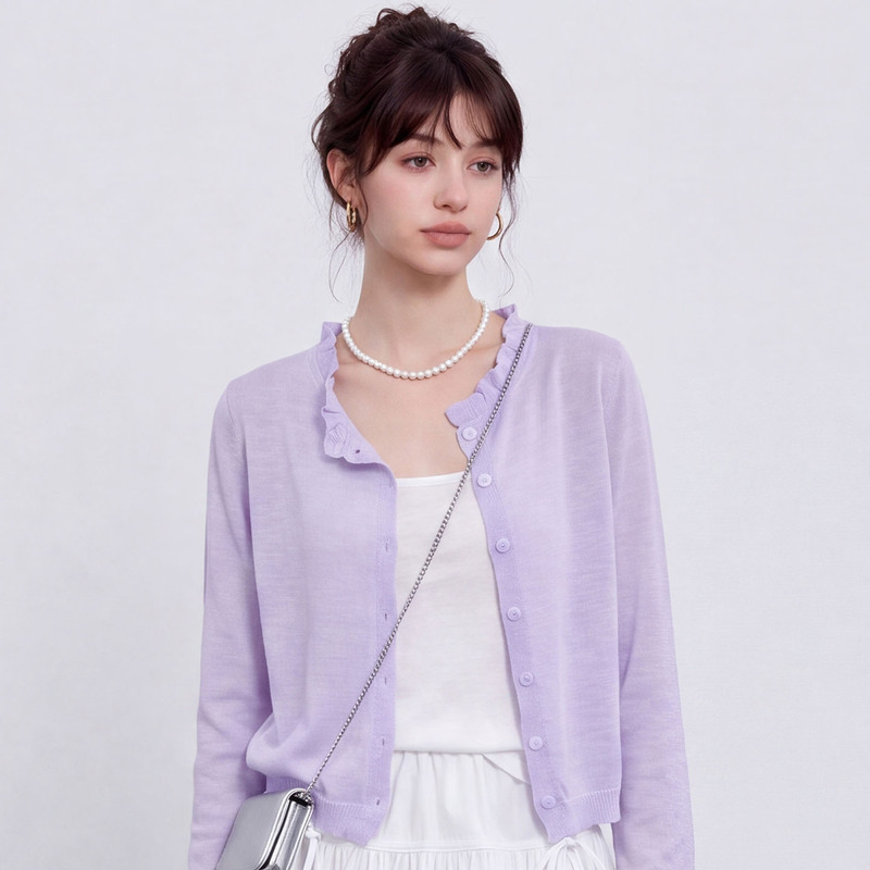 Purple Knitted Cardigan for Women, Sun Protection Long Sleeve Round Neck Shawl Sweater Coat