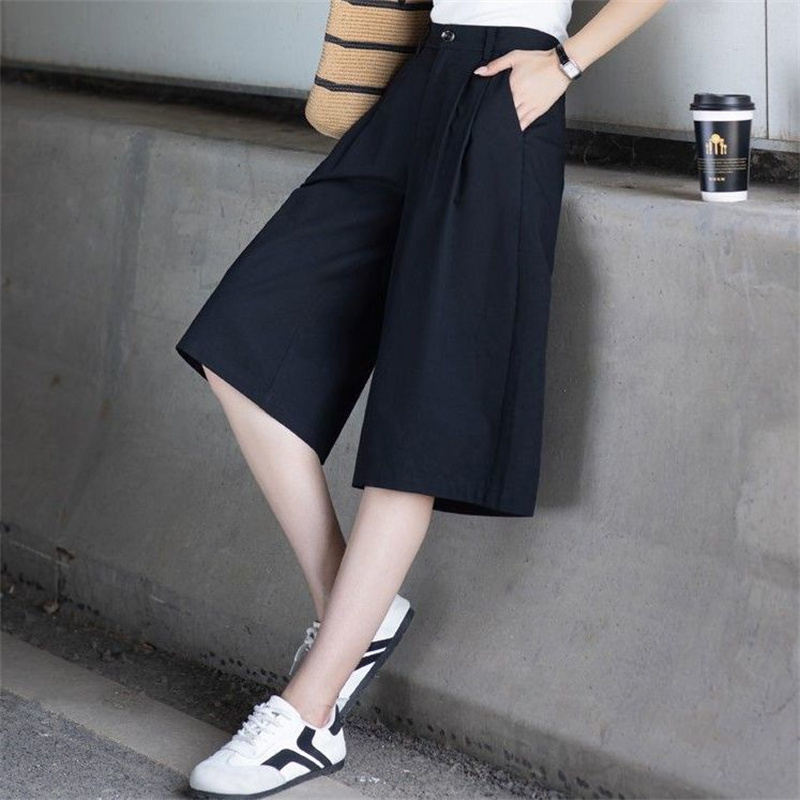 Black Linen Wide-Leg Pants for Women, 2026 Summer Thin New High-Waisted Slimming Skirt Pants, Cropped Casual Suit Pants