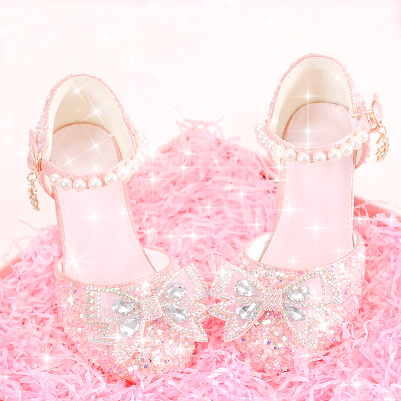 Children's High Heels, Female Princess Stage Performance with Dress, Girls' Shoes, Crystal Pearl Toe-Toe White Catwalk Shoes
