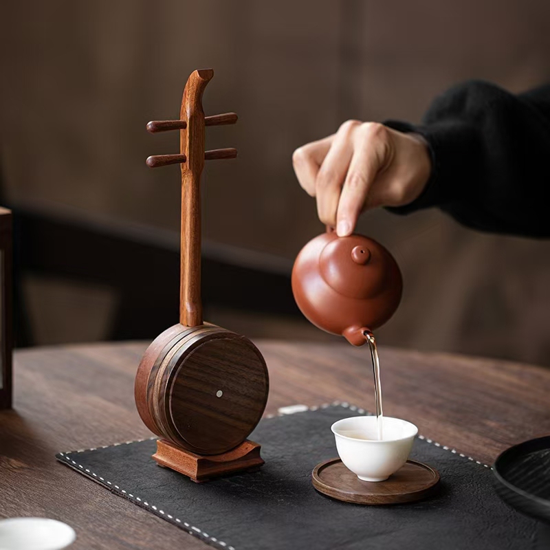 Walnut Creative Coaster for Home Use, Heat-Resistant and Insulated, Vintage Tea Tray with Imitation Erhu Storage Rack, Tea Set Accessories