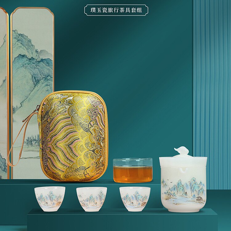 Jade porcelain travel tea set portable outdoor camping quick cup tea set one pot three cups storage bag
