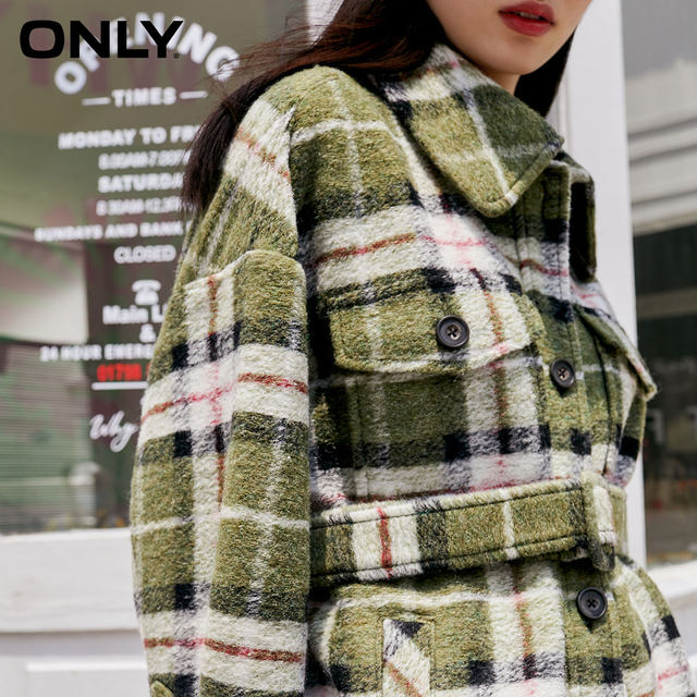 ONLY Ole summer fashion plaid exquisite button mid-length woolen woolen coat for women