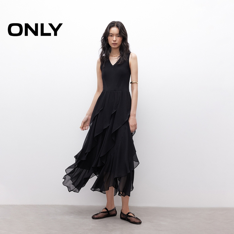Only2026 Autumn New Romantic French Ruffle Hem V-Neck Slim Mid-Length Sleeveless Dress for Women Only2026 Autumn New Romantic French Ruffle Hem V-Neck Slim Mid-Length Sleeveless Dress for Women