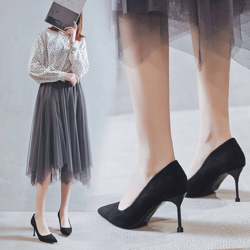 Extravagant Plot Black High Heel Shoes Women Career 2021 Autumn Winter New 100 Hitch Heel With Pointed Shallow Mouth Plus Suede Single Shoes