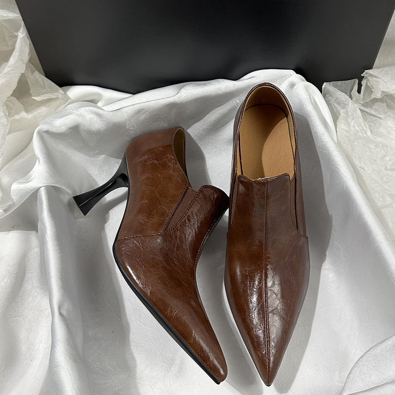 French-Style Elegant Genuine Leather Pointed-Toe High-Heeled Shoes for Women, Versatile for Spring and Autumn, with Thin Heels, Deep-Cut Short Boots, Cowhide Ankle Boots, Nude Boots