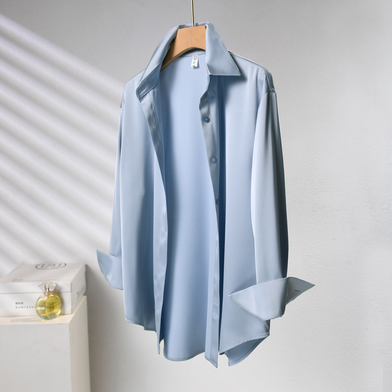 Xiaoyer High-End Drapey Imitation Acetate Satin Shirt for Women, Fashionable, Loose and Casual Sky Blue Shirt