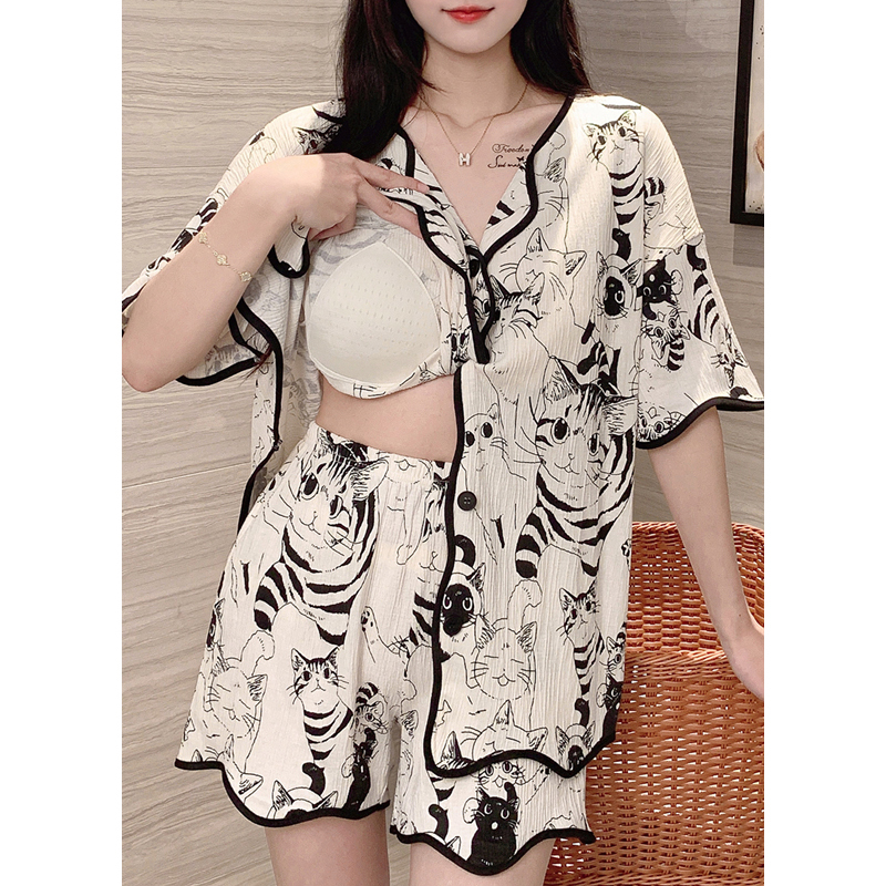 Wrinkled Polyester Pajamas for Women, Summer Short-Sleeved with Chest Pads, 2026 New Cute Cat Home Wear Set