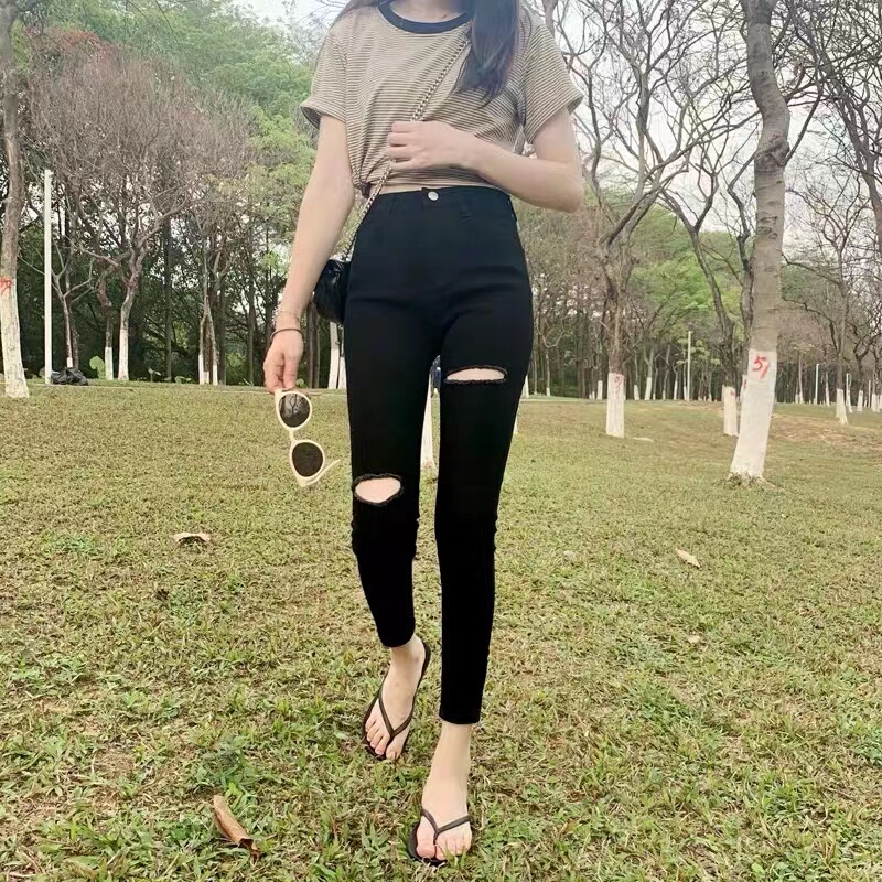 Black Ripped Jeans for Women, Cropped Length, Petite Size, High-Waisted, Stretchy Skinny Pants, Slim Fit, Pencil Pants, Spring and Autumn