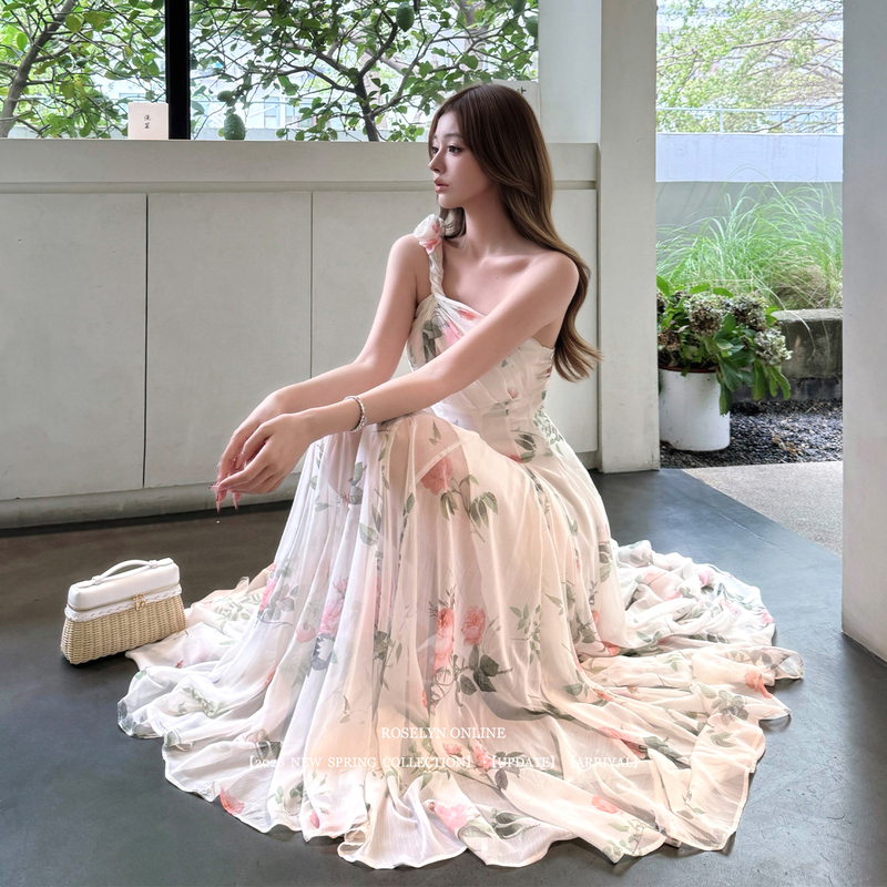 Roselyn Heavy Industries 7m Fresh Floral Chiffon Long Dress with Asymmetrical Shoulder Twist Knot Flower Waist Dress with Flared Skirt