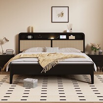 Black all solid wood rattan bed 1 5 meter bed 1 8 large bed retro B&B medieval style wabi-sabi style bedroom with lamp bed