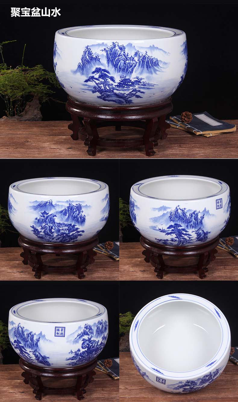 Blue and white porcelain of jingdezhen ceramics shallow daikin aquarium tortoise refers to flower pot furnishing articles large cylinder water lily