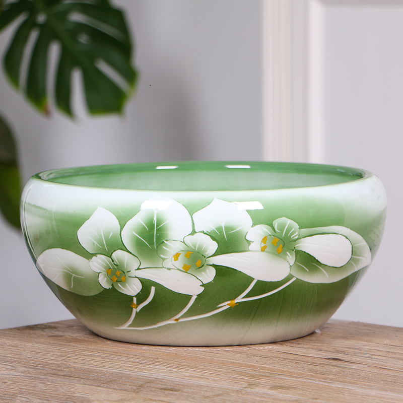 Jingdezhen ceramic aquarium hand - made desktop large fortune goldfish turtle GangPen sleep bowl lotus refers to basin of lotus cylinder