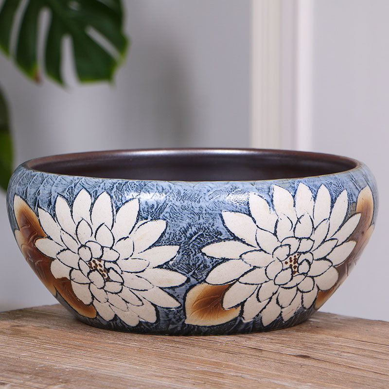 Jingdezhen ceramic aquarium hand - made desktop large fortune goldfish turtle GangPen sleep bowl lotus refers to basin of lotus cylinder