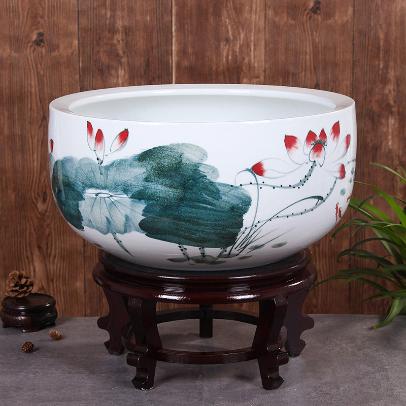Jingdezhen ceramic aquarium large basin of blue and white sleep keep goldfish bowl lotus lotus tortoise GangPen furnishing articles in the living room
