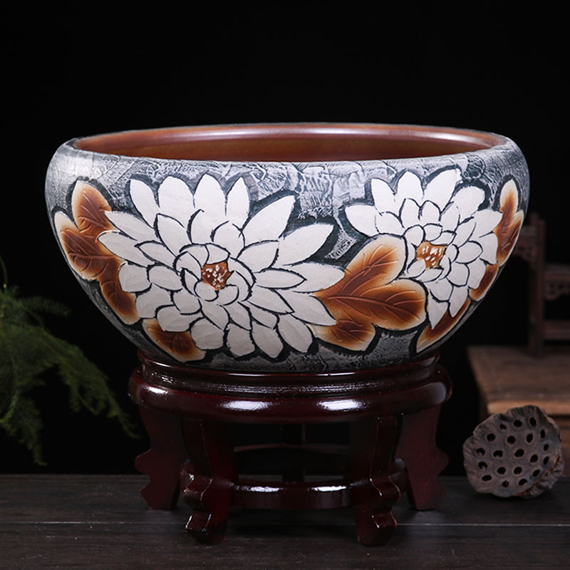 High temperature ceramic cylinder lotus carving a goldfish bowl leaf lotus birdbath household tortoise cylinder contracted decoration of home stay facility