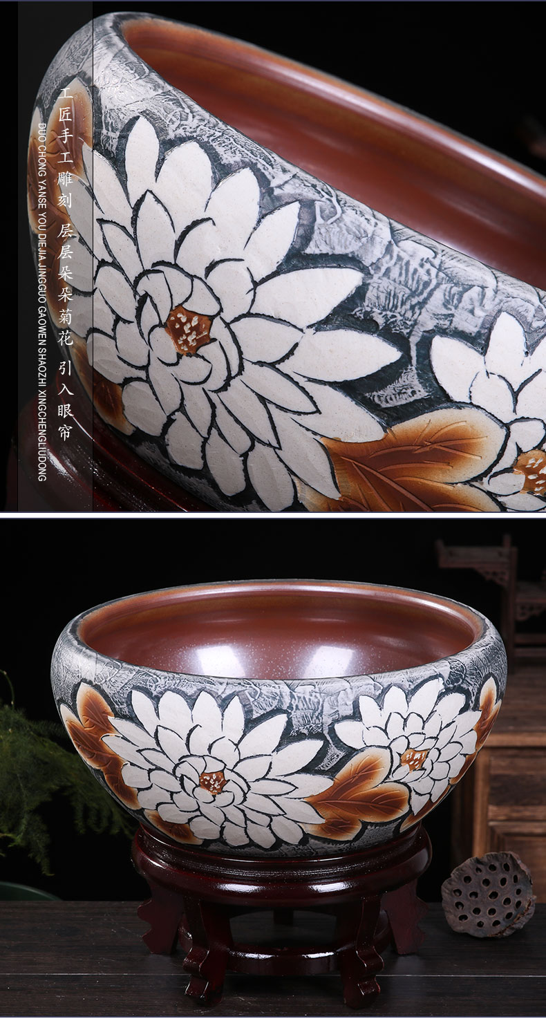High temperature ceramic cylinder lotus carving a goldfish bowl leaf lotus birdbath household tortoise cylinder contracted decoration of home stay facility