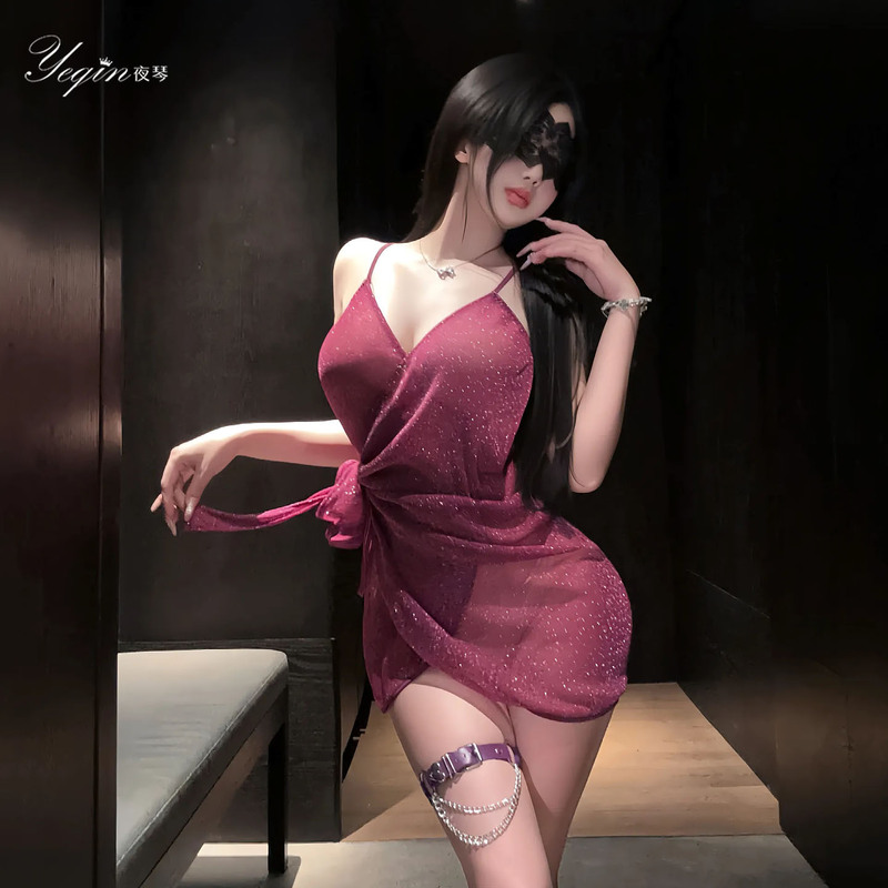 Dark Purple Sequined Nightgown for Women, Pure Desire Style, Lace-Up See-Through Mesh Thin Lingerie, Summer Date Lingerie