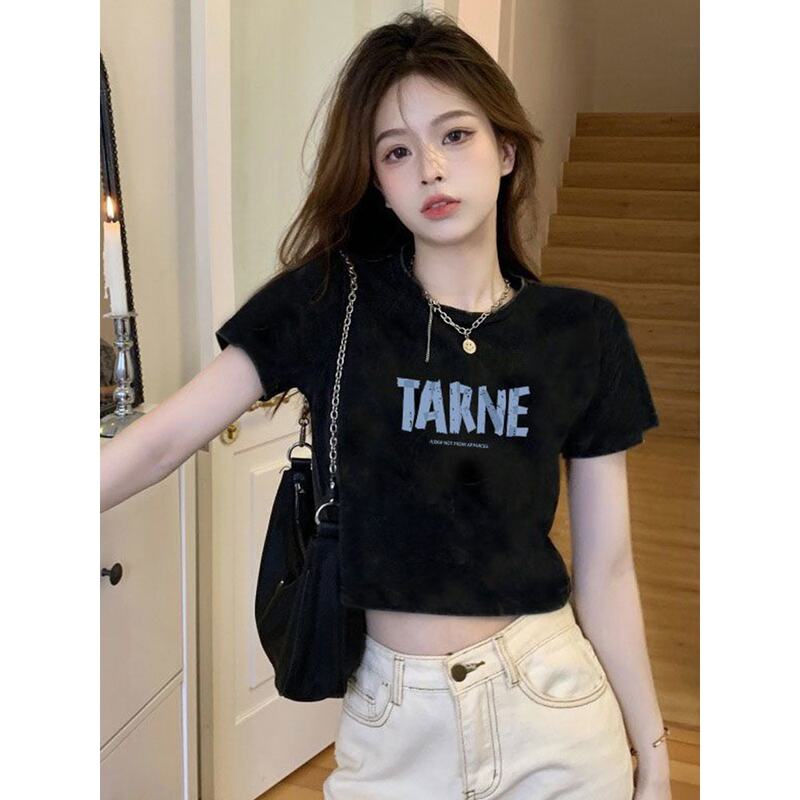 Black High-Waisted Short T-Shirt for Women, Summer Crop Top, 2026 New Style, Petite Slim Fit Short-Sleeve Top