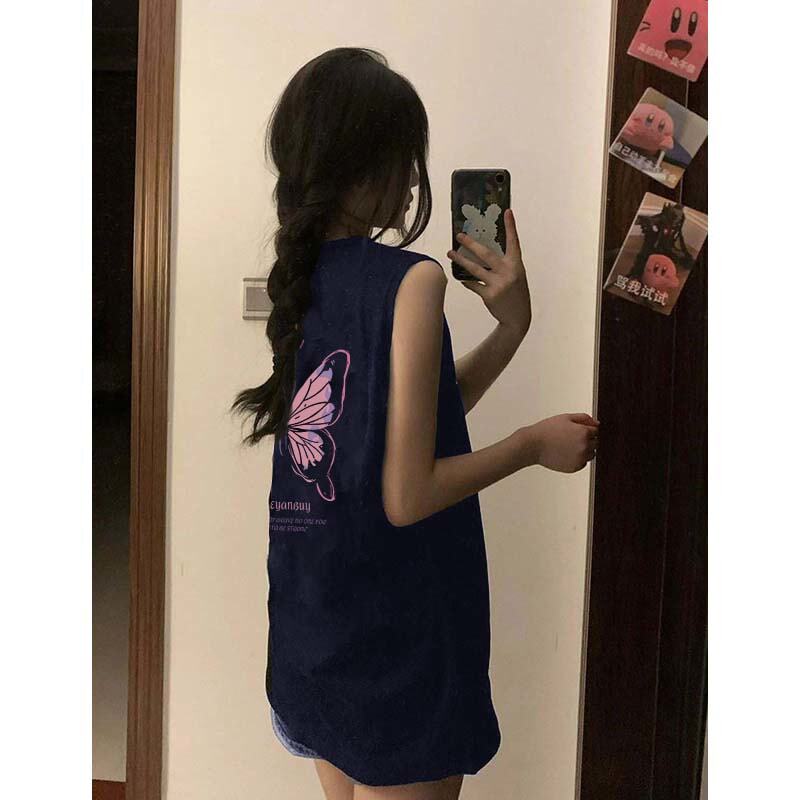 Navy Blue Casual Sleeveless Vest T-Shirt for Women, Summer Pure Cotton American Retro Vest, Sports Wide-Shoulder Sportswear
