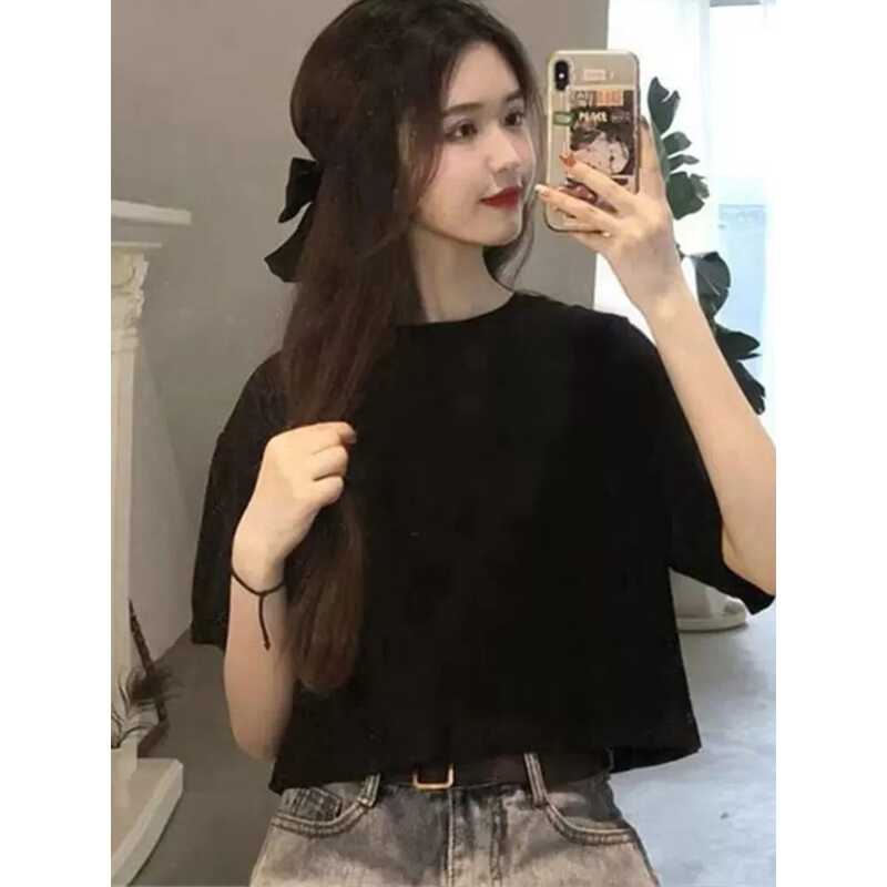 High-Waisted Pure Cotton Black Solid Color Short T-Shirt Short-Sleeved Women's Summer Top 2026 New European Style Petite Top