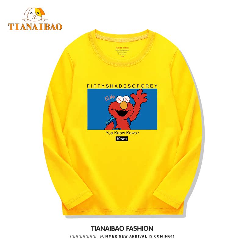 Trẻ em Sesame Street Hàn Quốc phiên bản của T-shirt dài tay áo lỏng lẻo cậu bé mùa xuân mỏng clothgirl đầu trẻ em nhấn thẻ đáy