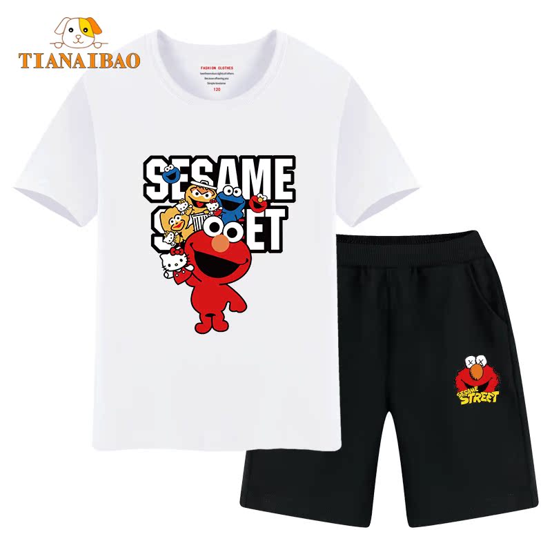 Sesame Street trai Summer Suit 2020 New Ins Tide Cô gái ngắn tay Kids Với Shorts bông.