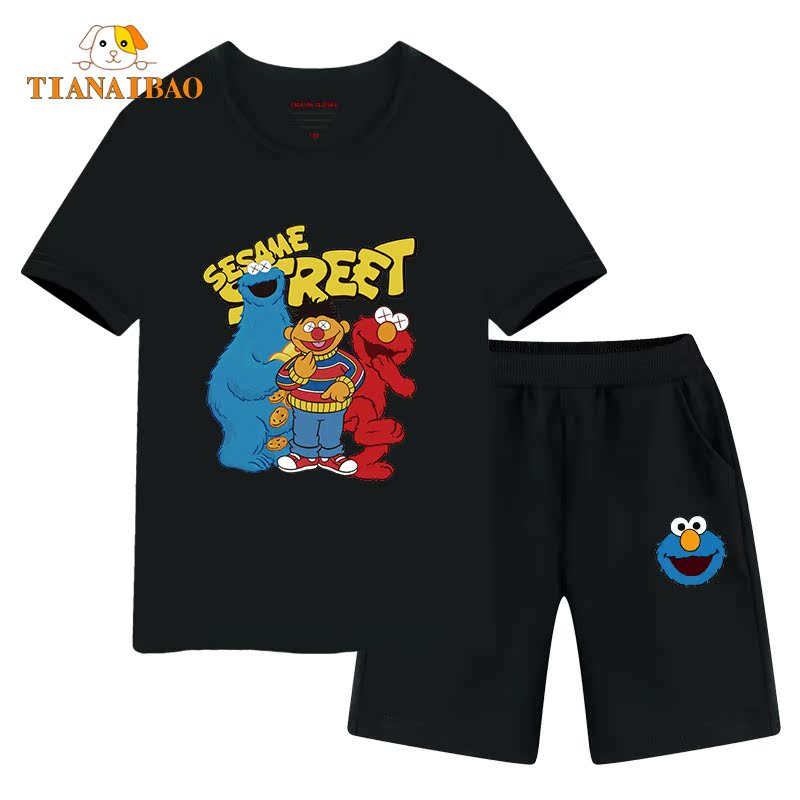 Sesame Street trai Summer Suit 2020 New Ins Tide Cô gái ngắn tay Kids Với Shorts bông.