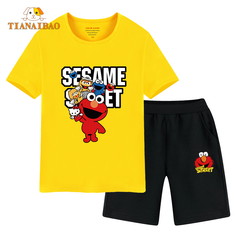 Sesame Street trai Summer Suit 2020 New Ins Tide Cô gái ngắn tay Kids Với Shorts bông.