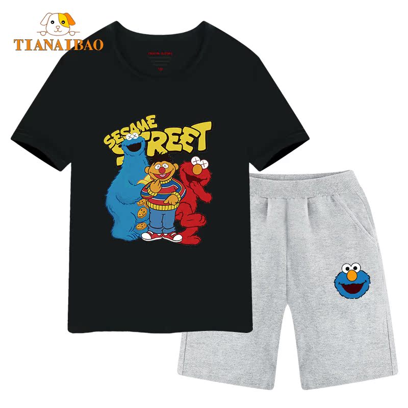 Sesame Street trai Summer Suit 2020 New Ins Tide Cô gái ngắn tay Kids Với Shorts bông.