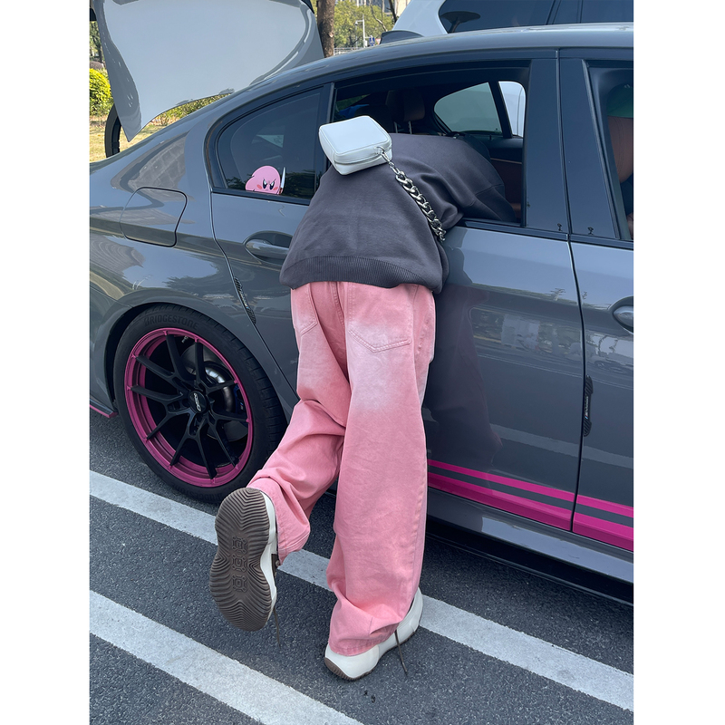 Shunp New Trendy Five-Pocket Basic Style Personalized Straight Loose Pink Casual Wide-Leg Jeans for Men