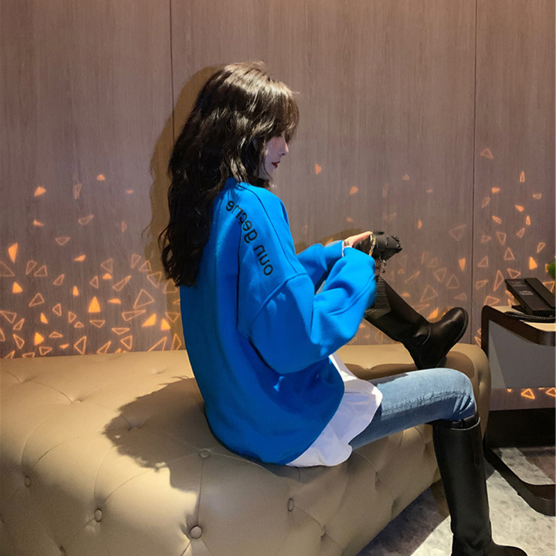 Round collar sweatshirt women spring and autumn thin 2021 spring new style in the long simple don't cap loose Korean version languid lazy wind