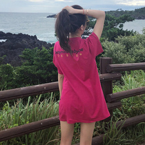 Rose red short sleeve t-shirt women loose foreign style Han fan 2021 new small Daisy long round neck cotton body shirt