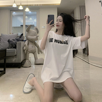 White short sleeve T-shirt female loose foreign air Korean version 2021 New Long round neck simple large size cotton T-shirt