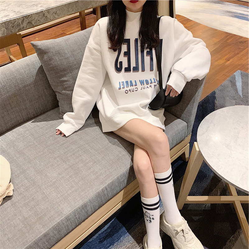 White semi-high neckline women's spring and autumn slim 2022 new medium long version without cap pure cotton loose with lazy wind